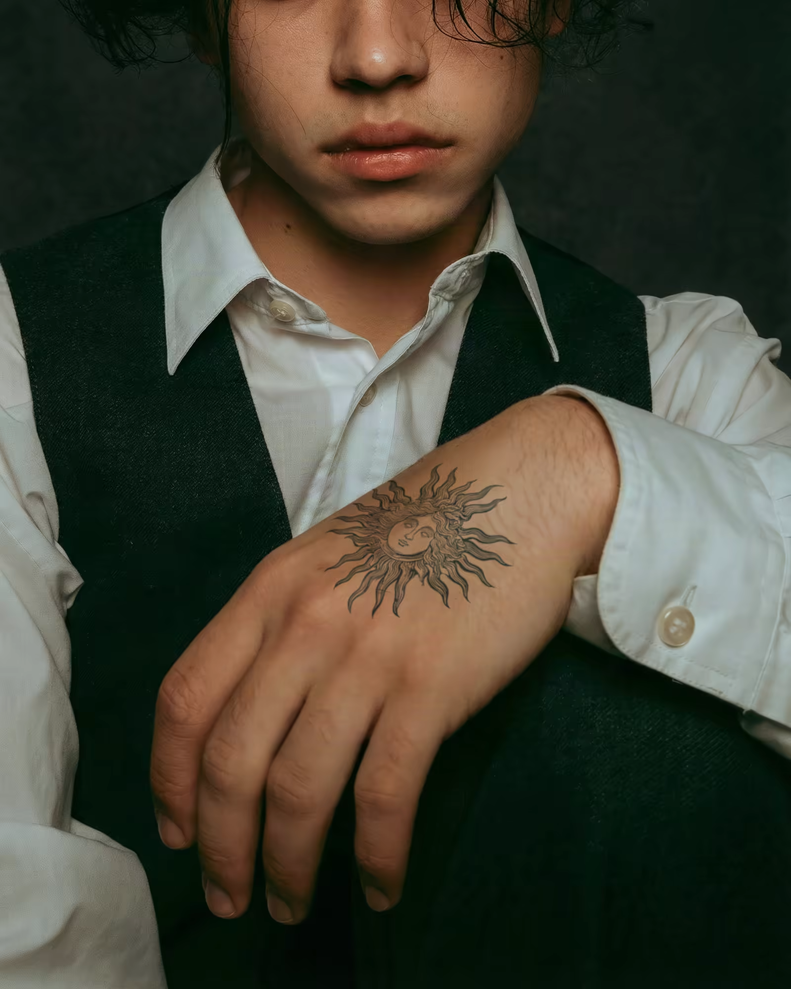 Sun tattoo on the back of a hand, worn with a vest and white shirt